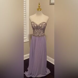 086 Terani Couture Lavender and Silver Embellished Gown